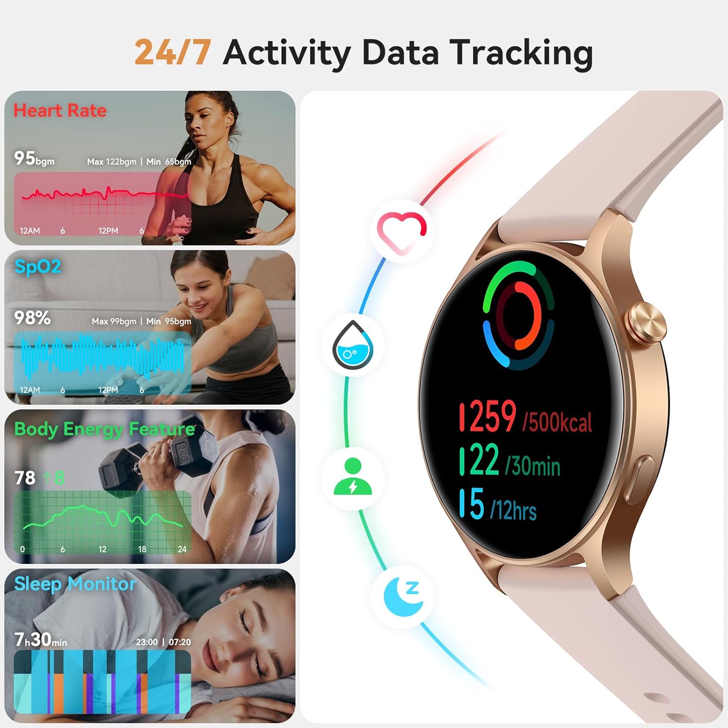 43mm Women’s Smart Watch with 1.32" AMOLED display, Bluetooth calling, heart rate, sleep & SpO₂ monitor, 110+ sports modes, 3ATM waterproof, fitness tracker compatible with iPhone, Samsung & Android. - Image 3