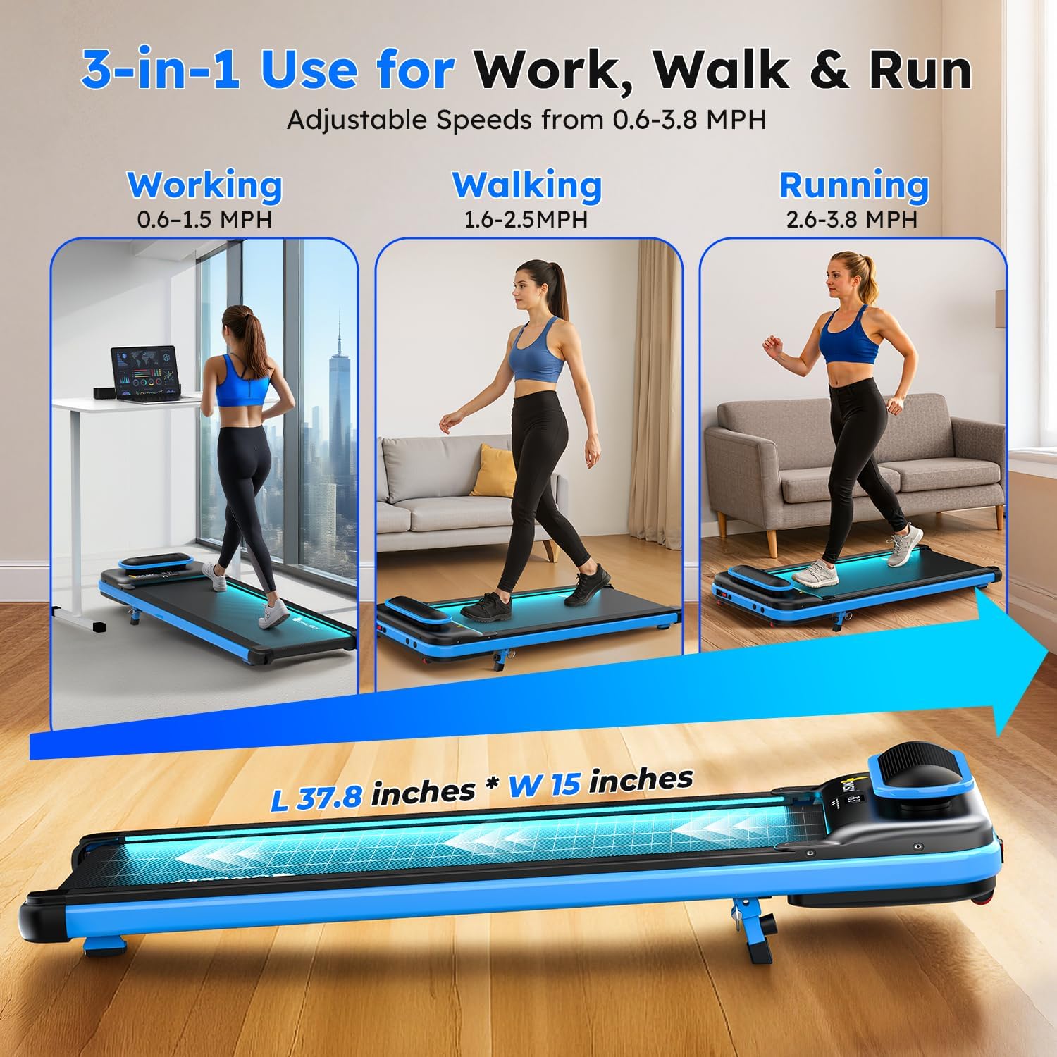 OWLSKY Walking Pad, 3 in 1 Under Desk Treadmill with Incline for Home Office, Bluetooth Speaker Walking Treadmill, 2.5 HP Low Noise, with Remote Control, LED Display - Image 6