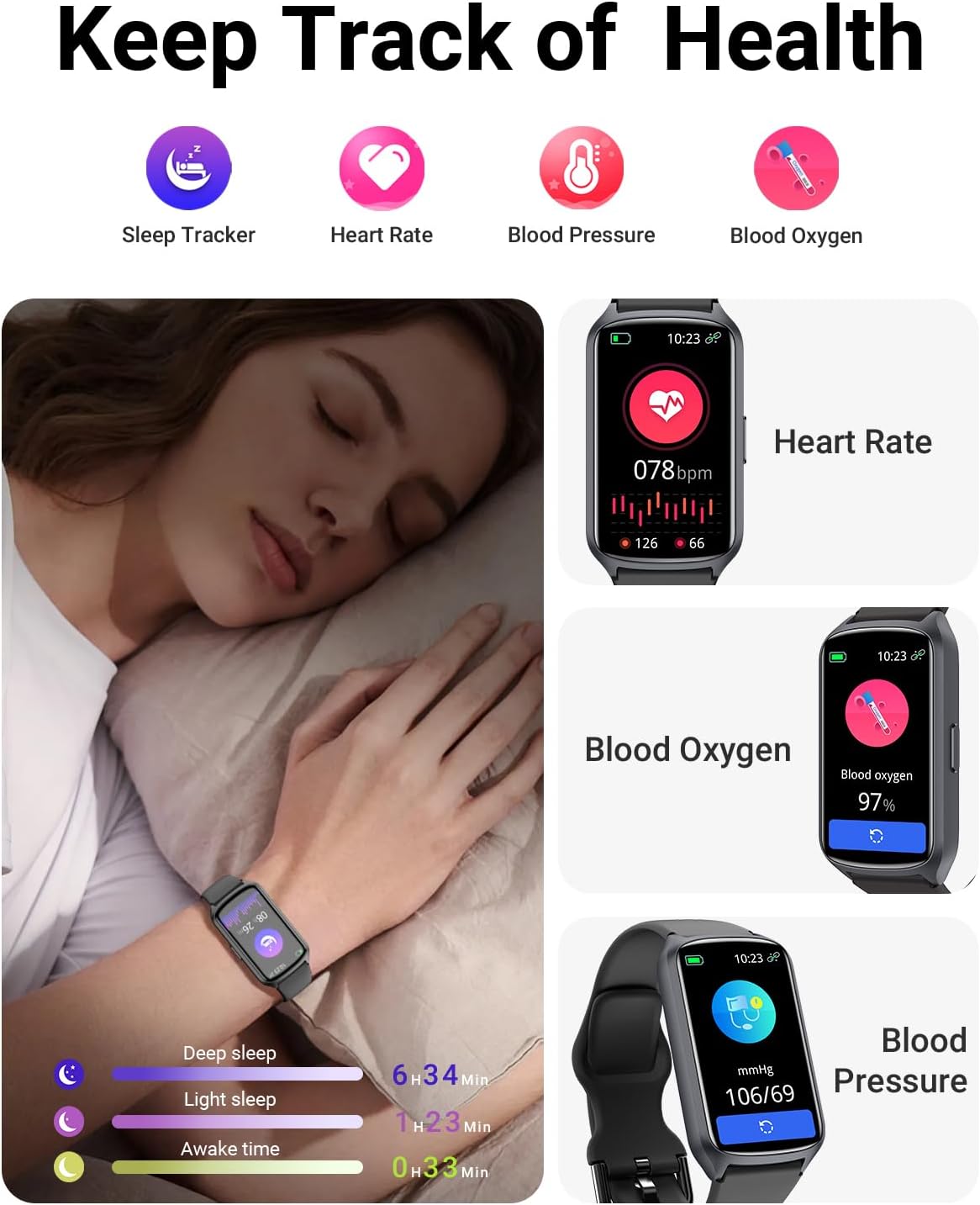 Health Fitness Tracker with 24/7 Heart Rate, Blood Oxygen, Blood Pressure, Sleep Tracker, 5ATM Waterproof Activity Trackers with Step Tracker, Pedometer (S & L Bands Included) - Image 4