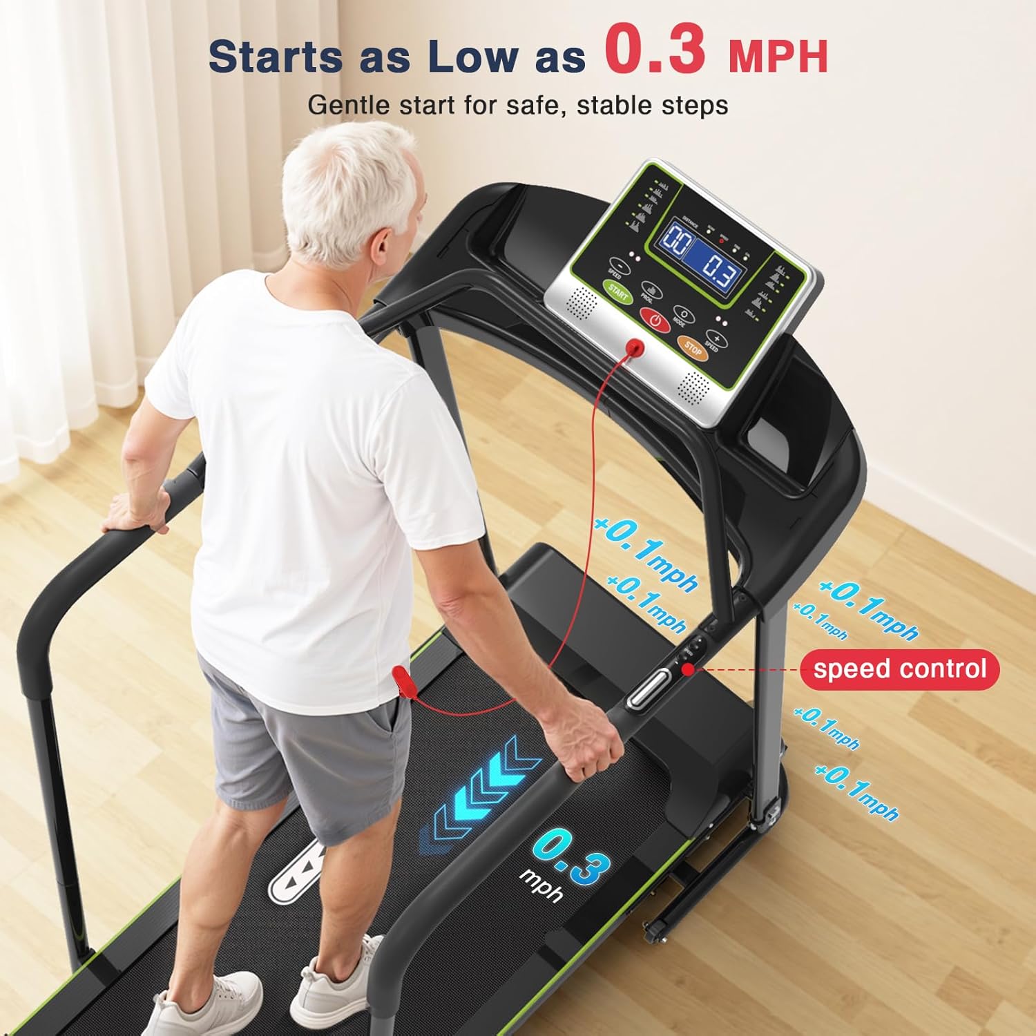 Redliro Walking Treadmill with Long Handrail for Balance, Recovery Fitness Exercise Machine Foldable for Home use with Holder for Phone & Cup,LCD Display, 300 lbs Capacity - Image 4