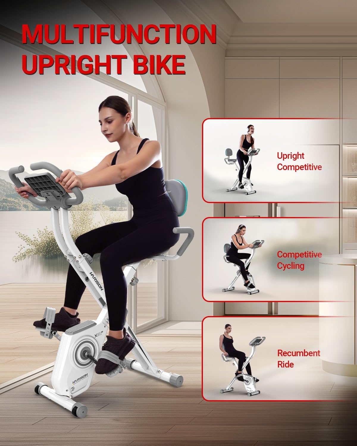 HARISON Folding Exercise Bike 350 LBS Capacity, 5 in 1 Bluetooth Stationary Bikes for Home with 16-Level Resistance and Arm Resistance Bands, Magnetic X-Bike with LCD Monitor & Back Support - Image 4