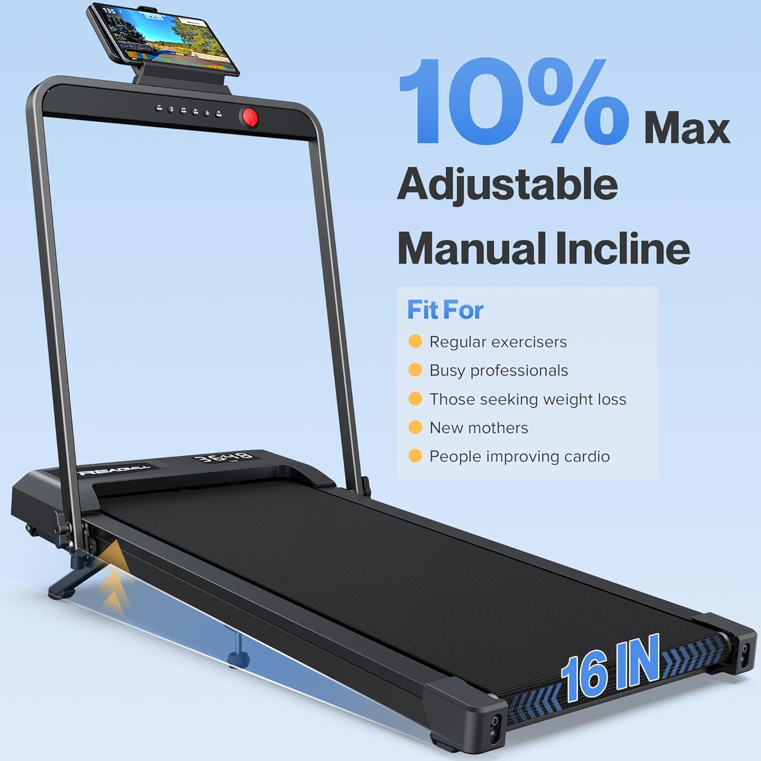 COZYINN 10% Incline Walking Pad, 2 in 1 Foldable Walking Pad Treadmills for Home and Office, 3.0 HP Portable Under Desk Treadmill with Handle Bar, 320 lbs Capacity, APP & Remote Control - Image 8
