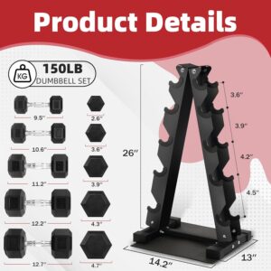 150 lb Dumbbell Set with Rack – 5/10/15/20/25 lb Pairs, Rubber Hex Weights for Home Gym, Cast Iron A-Frame Storage Stand for Full-Body Workout