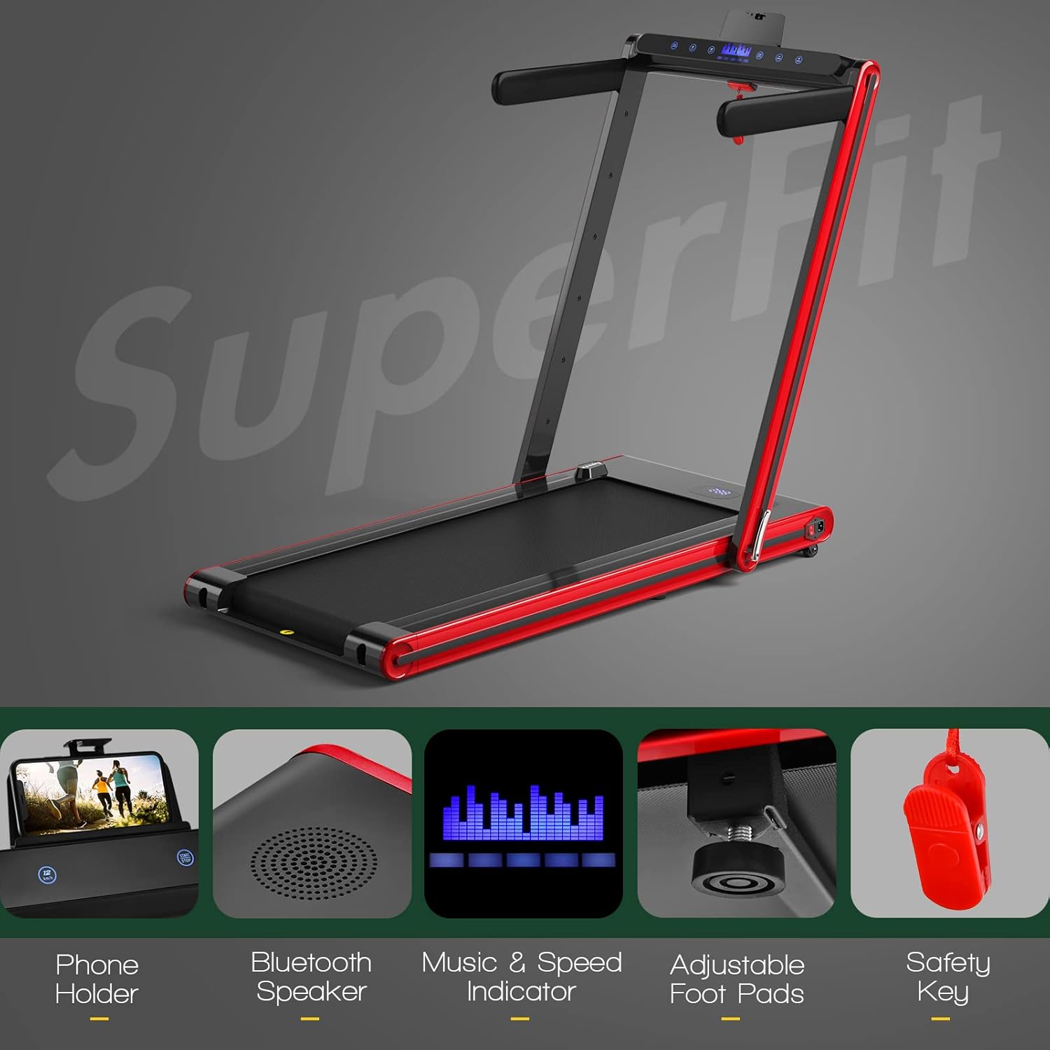 GYMAX 2 in 1 Under Desk Treadmill, Folding Running Machine with Dual LED Display, APP & Remote Control, Walking Pad Jogging Machine for Home Gym Small Space (Red) - Image 9