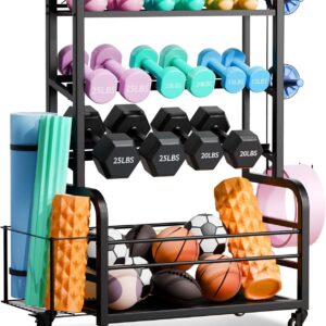 600LBS Dumbbell Rack Weight Stand – Upgraded 4-Tier Adjustable Weight Rack for Dumbbells, Home Gym Storage Rack for Yoga Mat Foam Kettlebells, Workout Equipment Storage Organizer With Wheels and Hooks