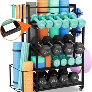 600LBS Dumbbell Rack Weight Stand – Bonvork Adjustable Weight Rack for Dumbbells, Home Gym Storage Rack for Yoga Mat Foam Roller Kettlebells, Workout Equipment Storage Organizer With Wheels