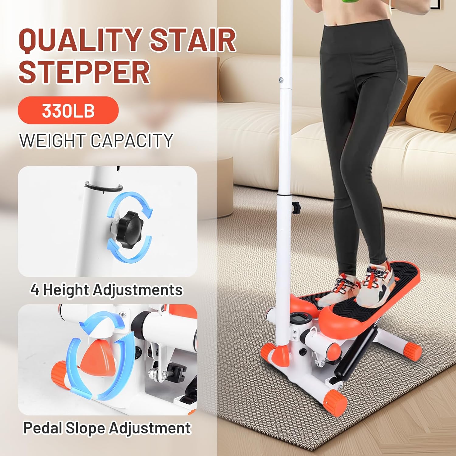 Adjustable Height Stair Stepper with Resistance Bands and LCD Monitor - 330 lb Capacity, Handlebar and Phone Stand for Home Workouts - Image 3