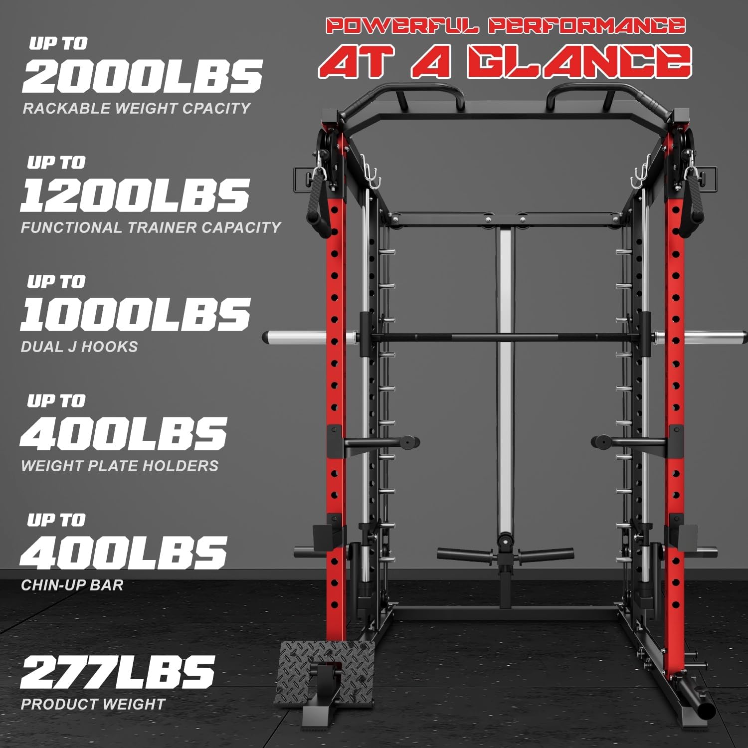 S1-V4 Smith Machine, 2000LBS Power Cage with Cable Crossover System, All-in-One Squat Rack with Smith Bar, Workout Cage Strength Training Equipment with Attachments - Image 6