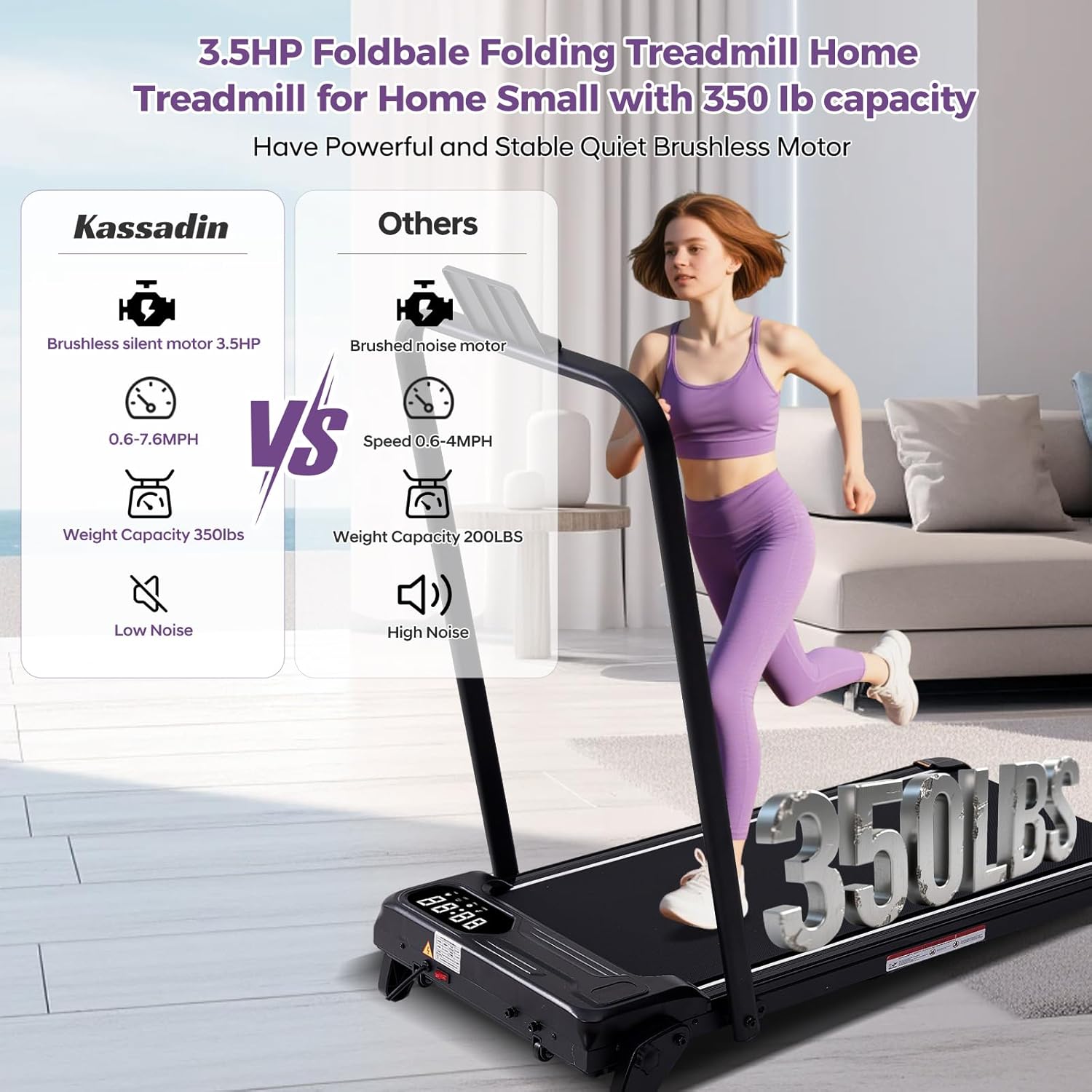 Portable Foldable Walking Pad with Handle Bar and Adjustable Incline, Under Desk Walking Pads Treadmill with Incline and Handles, 3.5HP Folding Electric Treadmills for Home Small, 0.6-7.6MPH, 350LBS - Image 6