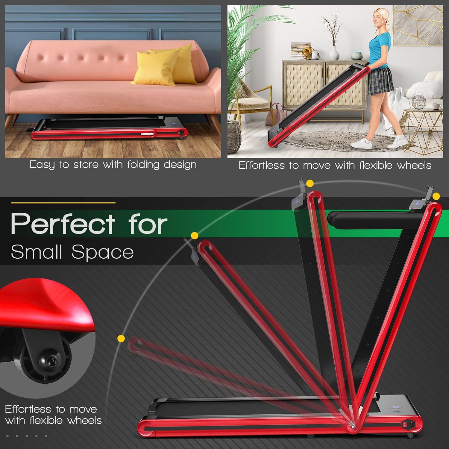 GYMAX 2 in 1 Under Desk Treadmill, Folding Running Machine with Dual LED Display, APP & Remote Control, Walking Pad Jogging Machine for Home Gym Small Space (Red) - Image 3