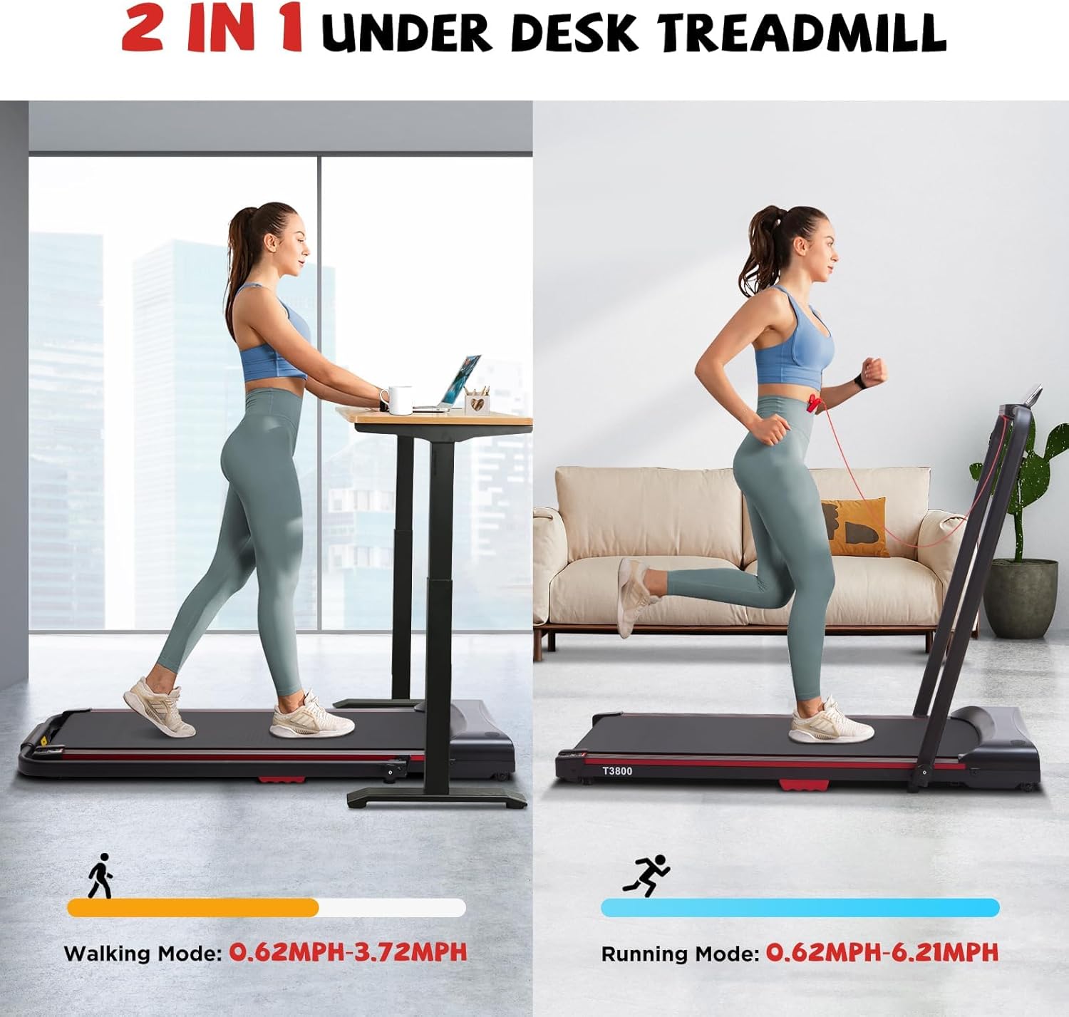 Walking Pad, Under Desk Treadmill 2.8HP Walking Pad Treadmill Under Desk No Installation Required with Cell Phone Holder LED Display Maximum Load 300LB Suitable for Home Treadmill in Small Space - Image 7