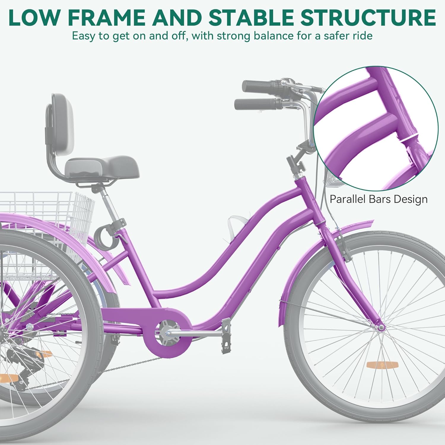 YITAHOME 24 & 26 Inch Adult Tricycle, 1 & 7 Speed 3 Wheel Bikes, Large Seat with Backrest Trike for Adults with Front & Rear Baskets, Cruiser Bike for Seniors Women Men Commute Picnic Outdoor - Image 8