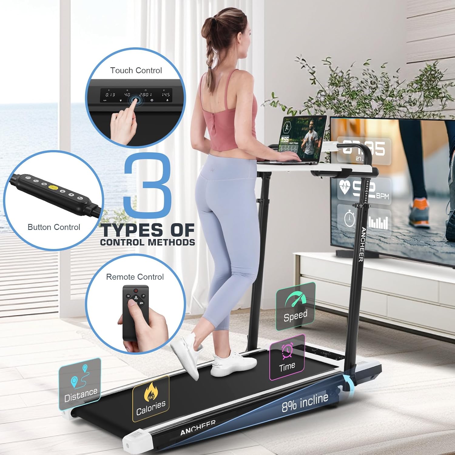ANCHEER Walking Pad Treadmill with 12% Incline&Adjustable Height, 4 in 1 Under Desk Treadmills with Desk Workstation, Foldable Treadmill for Home 300lb,3 Type Control - Image 5