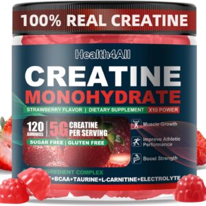Health4All Creatine Monohydrate Gummies 5G for Men & Women, Preworkout Supplement for Energy & Muscle Growth Support with Electrolyte, BCAA, L-Carnitine & Taurine- Strawberry 120 Gummy