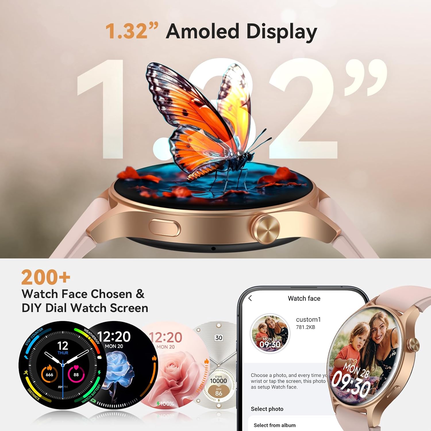 43mm Women’s Smart Watch with 1.32" AMOLED display, Bluetooth calling, heart rate, sleep & SpO₂ monitor, 110+ sports modes, 3ATM waterproof, fitness tracker compatible with iPhone, Samsung & Android. - Image 4