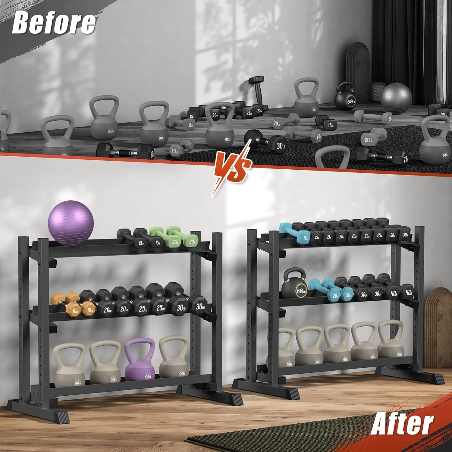 3-Tier Dumbbell Rack Stand Only, 1200LB Capacity Jusgym Adjustable Weight Rack for Home Gym, Heavy-Duty Weight Stand for Dumbbells Kettlebells - Image 7