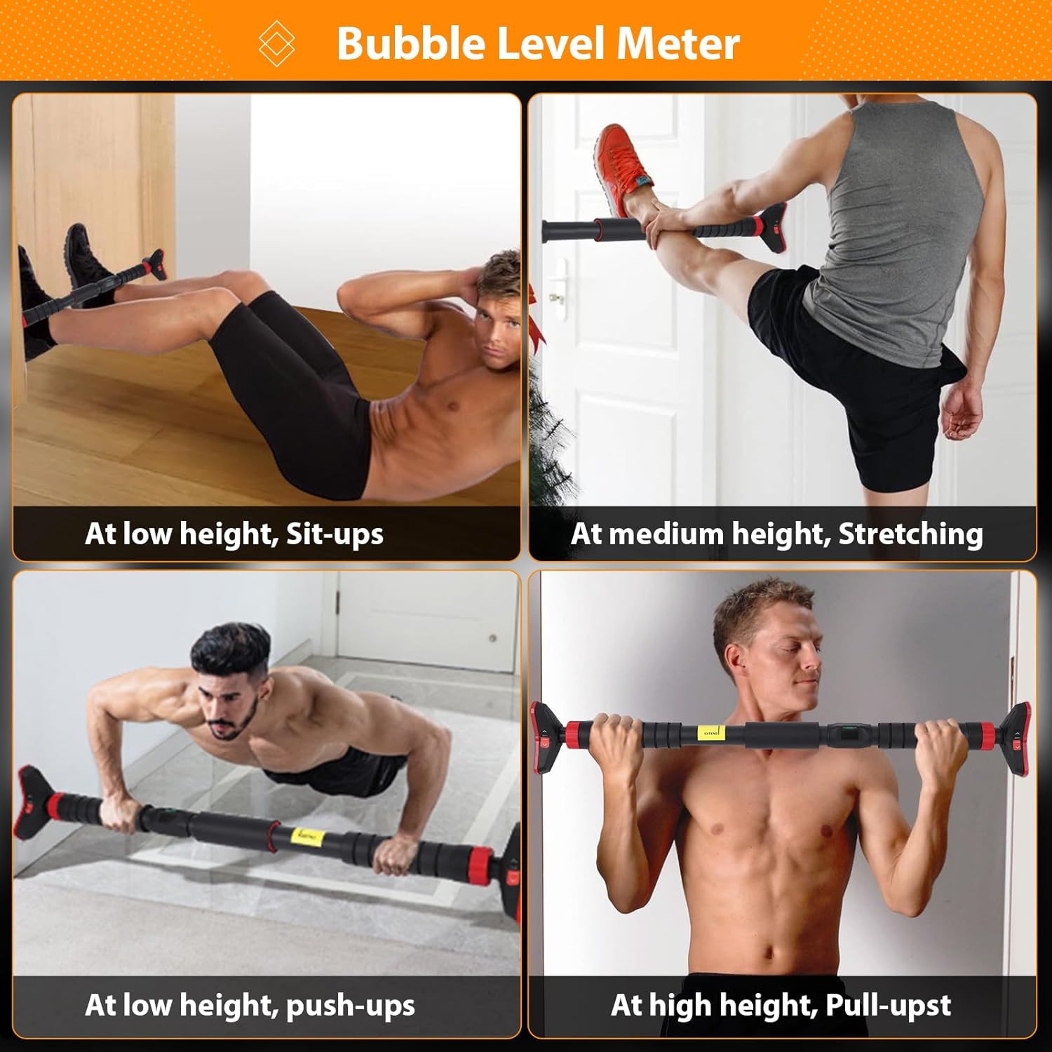 Pull up Bar for Doorway - 27''- 42'' Width Adjustable Indoor Chin Up Bar with Level Meter, Portable Exercise Equipment for Home Gym Upper Body Workout, Max Load 440 LBS, Black Red - Image 3