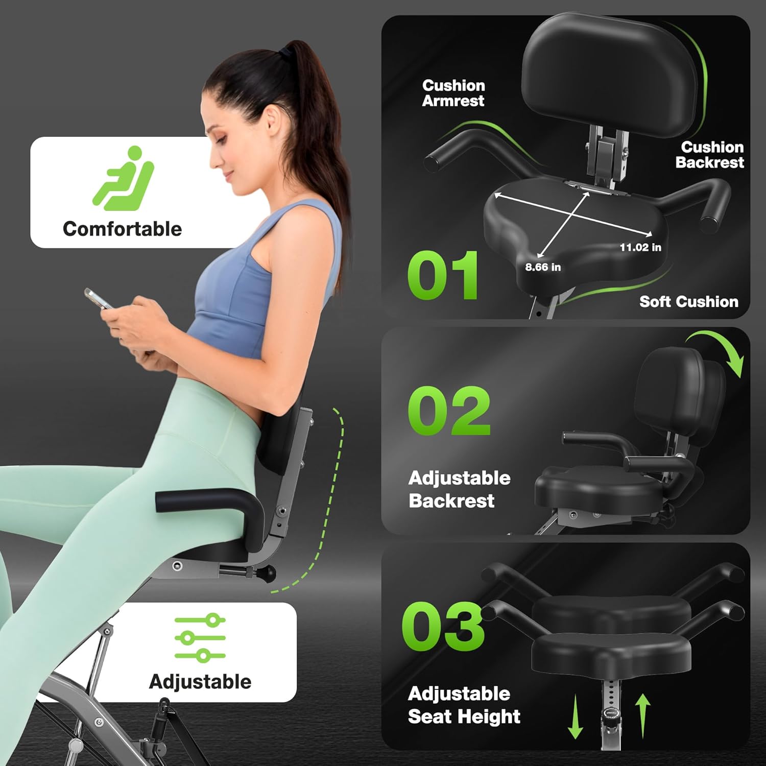 Exercise Bike, 5 in 1 Foldable Stationary Bike for Seniors, 16-Level Adjustable Magentic Resistance, Indoor Workout Bike with 330LB Capacity, Comfortable Seat Backrest X-bike - Image 8