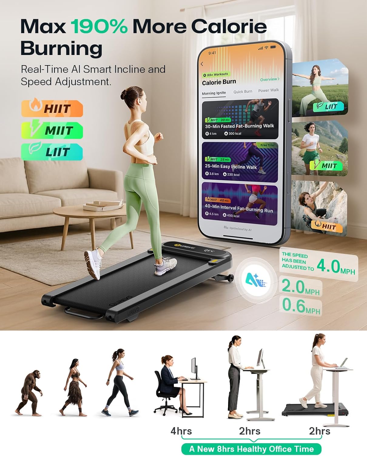 UREVO Smart Walking Pad, Quiet Under Desk Treadmill with APP & Remote, Portable Shock-Absorbing Walking Jogging Machine, Sleek Compact Design for Home Office Fitness - Image 3