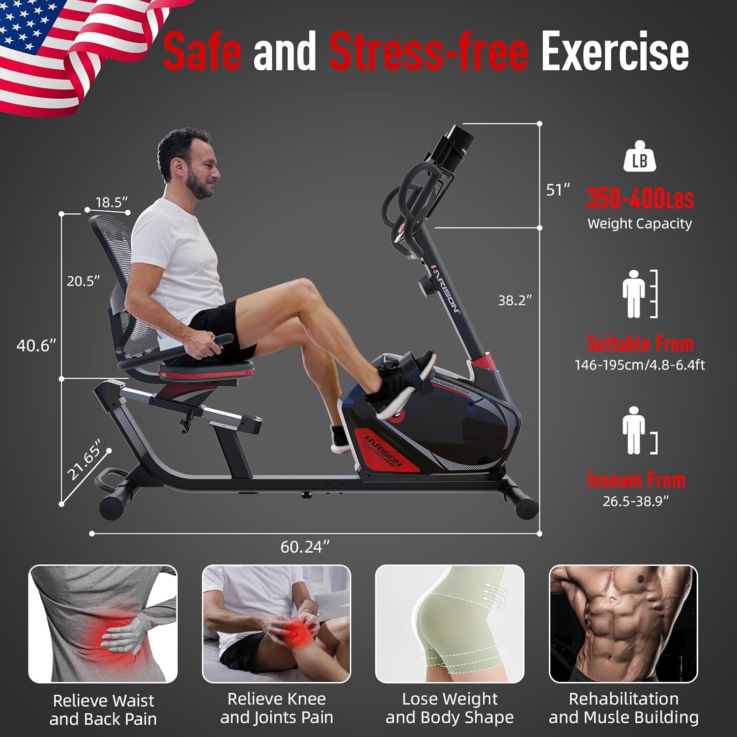 HARISON Pro Recumbent Exercise Bike 400 lbs Capacity, Magnetic Recumbent bike for Adult and Seniors, Recumbent Stationary bike for Home with Smart Bluetooth App, 2 in 1 LCD Monitor and Tablet Holder - Image 4