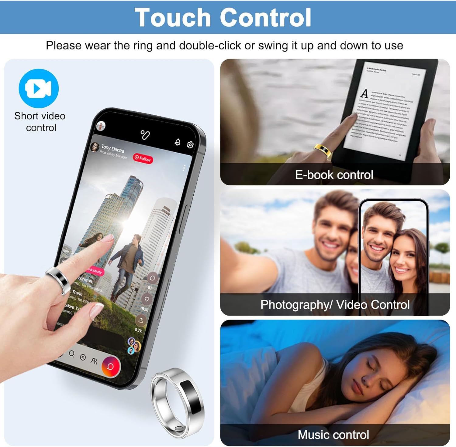 Smart Health Ring for Women Men, Vibration Alert, Touch Control, Fitness Tracker Ring with Sleep/Women's Health/Heart Rate/Steps, IP68 Waterproof for iPhone and Android, Silver 9, No Subscription - Image 5