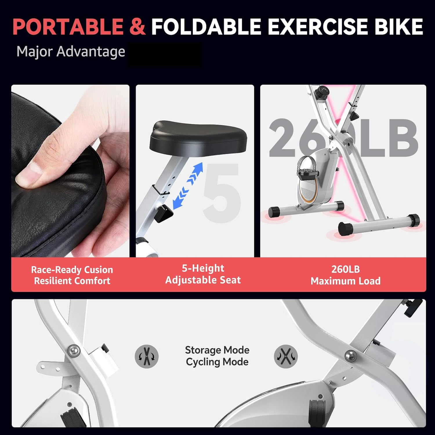 Indoor Exercise Bike for Seniors, 5 IN 1 Foldable Stationary Bike with 16-Level Magnetic Resistance and Tri-Position Ride, 300LBS Capacity, 5.5 LBS Flywheel, for Home Workout 817 Black - Image 4