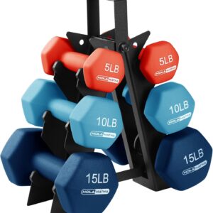HolaHatha Neoprene Dumbbell Weights Set with Rack, Home Gym Equipment, 60 Lbs, Blue/Red – Portable Weighted Exercise Dumbbells for Fitness, Training, and Lifting Workouts