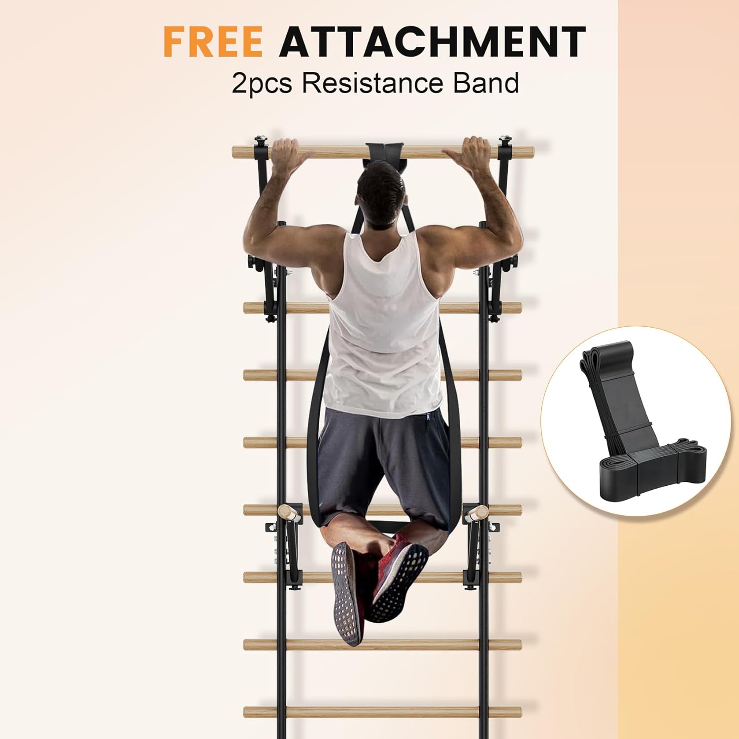 Swedish Ladder Wall Gym, Stall Bar Home Gym with Adjustable Pull-Up Bar, Dip Bar Attachments & 2pcs Resistance Band, 9 Strategic Rods for for Home, School, Hysical Therapy and Gymnastics - Image 4
