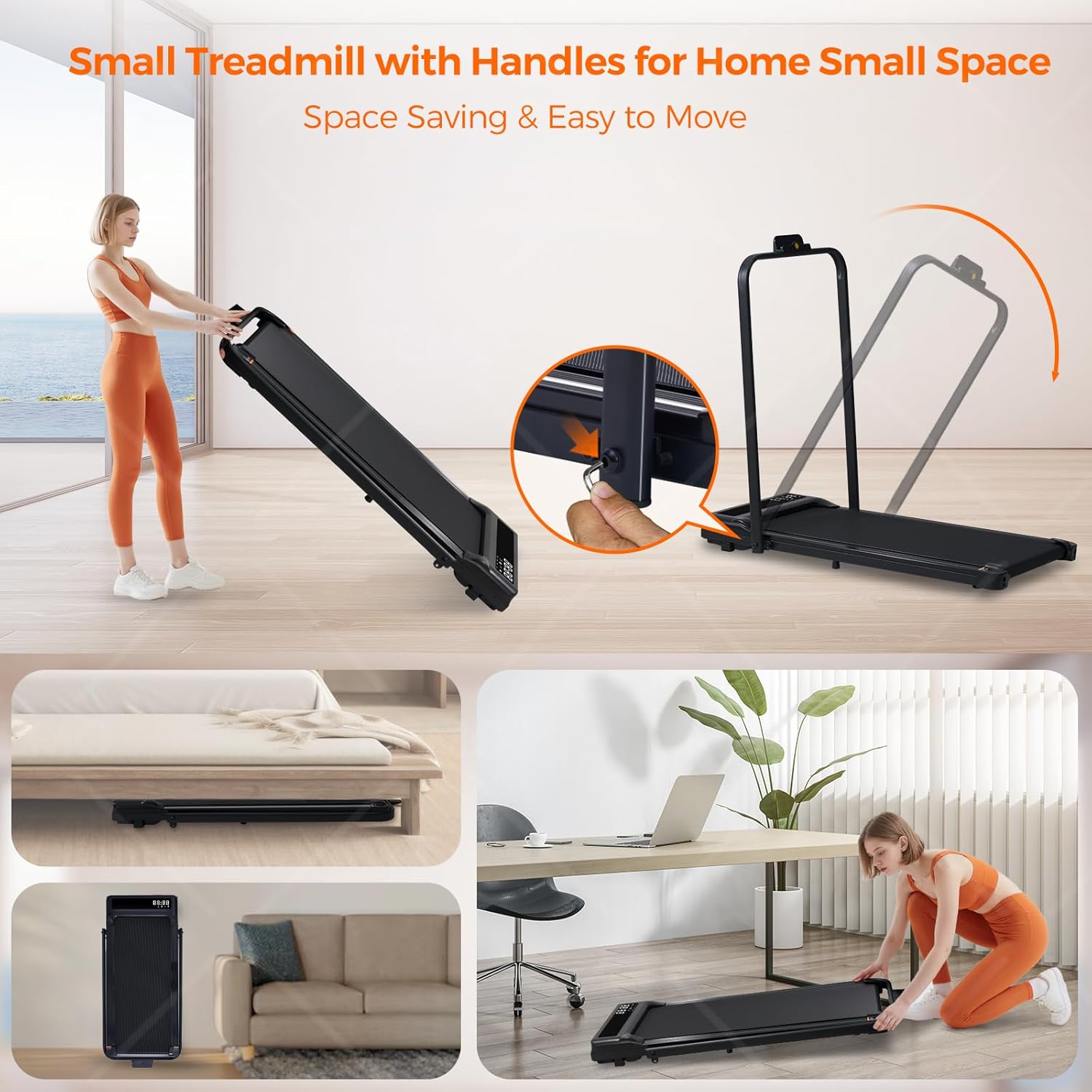 Portable Compact Treadmill with Handles for Home Small Spaces, Foldable Folding Walking Pad Treadmill with Handle Bar, 3.0HP Electric Walking Pads Treadmills Home with 320LB Capacity, LED Display - Image 7