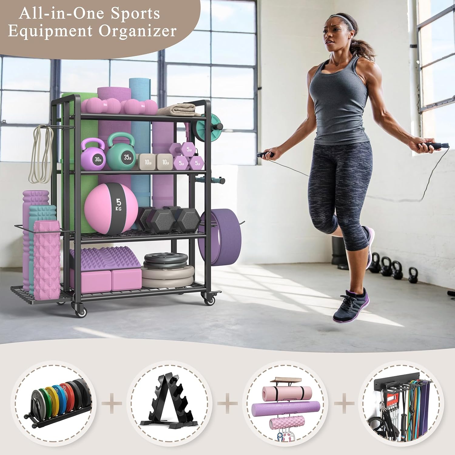 4-Tier Dumbbell Rack Stand Only, Adjustable Weight Rack for Dumbbells Kettlebells Yoga Mat, Home Gym Storage Rack with Wheels and Hooks, Powder Coated Finish - Image 7