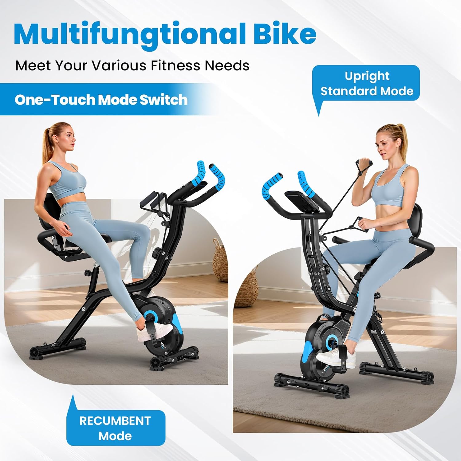 Foldable Exercise Bike, Multifunctional Indoor Stationary Bikes for Home with 8-Level Magnetic Resistance, Quiet Workout Bike with Arm Resistance Bands, LCD Monitor, 300LBS Capacity - Image 2