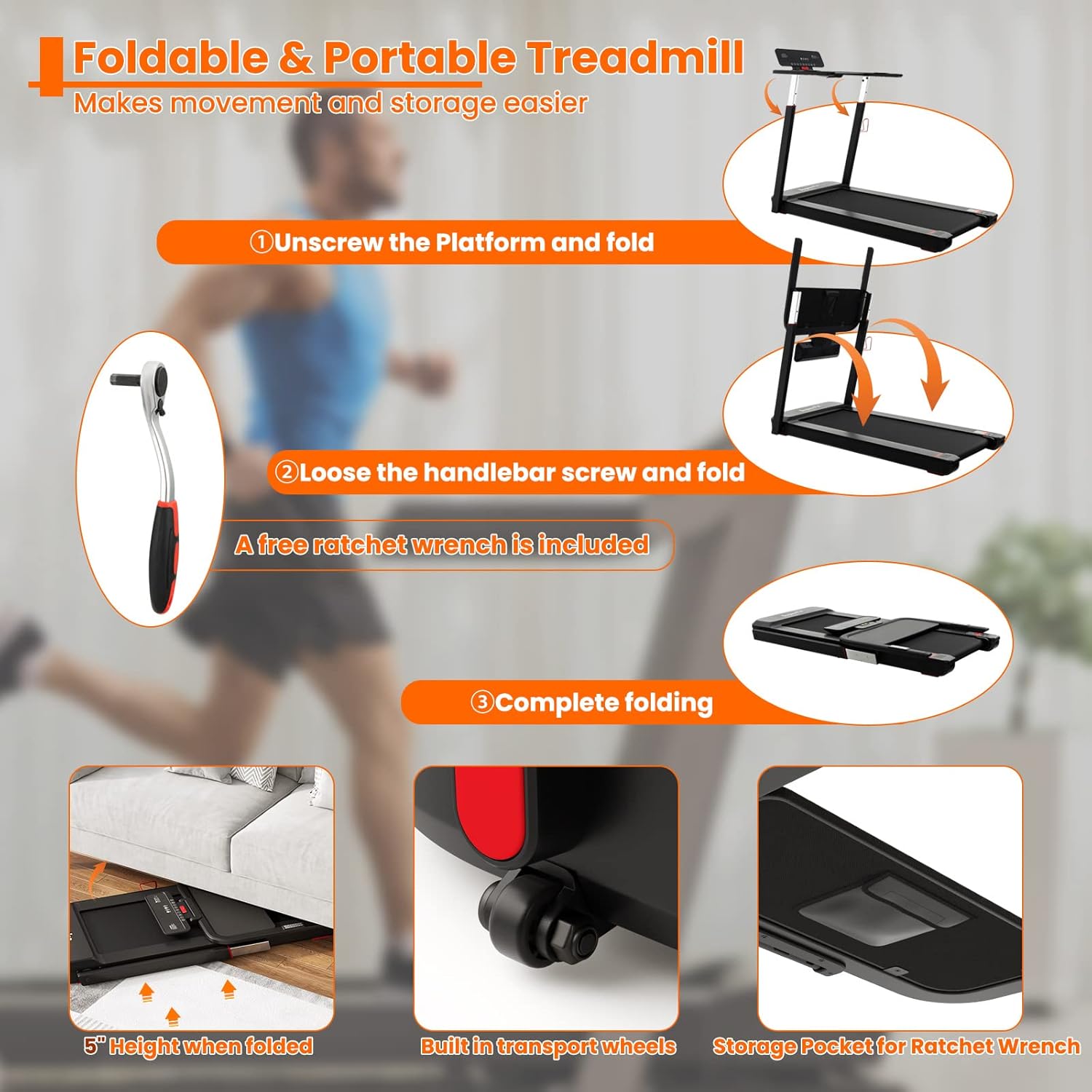 GYMAX Foldable Desk Treadmill with Height Adjustable Desktop, Portable Running Walking Jogging Machine for Workout, Compact for Small Space Office Home Gym - Image 3
