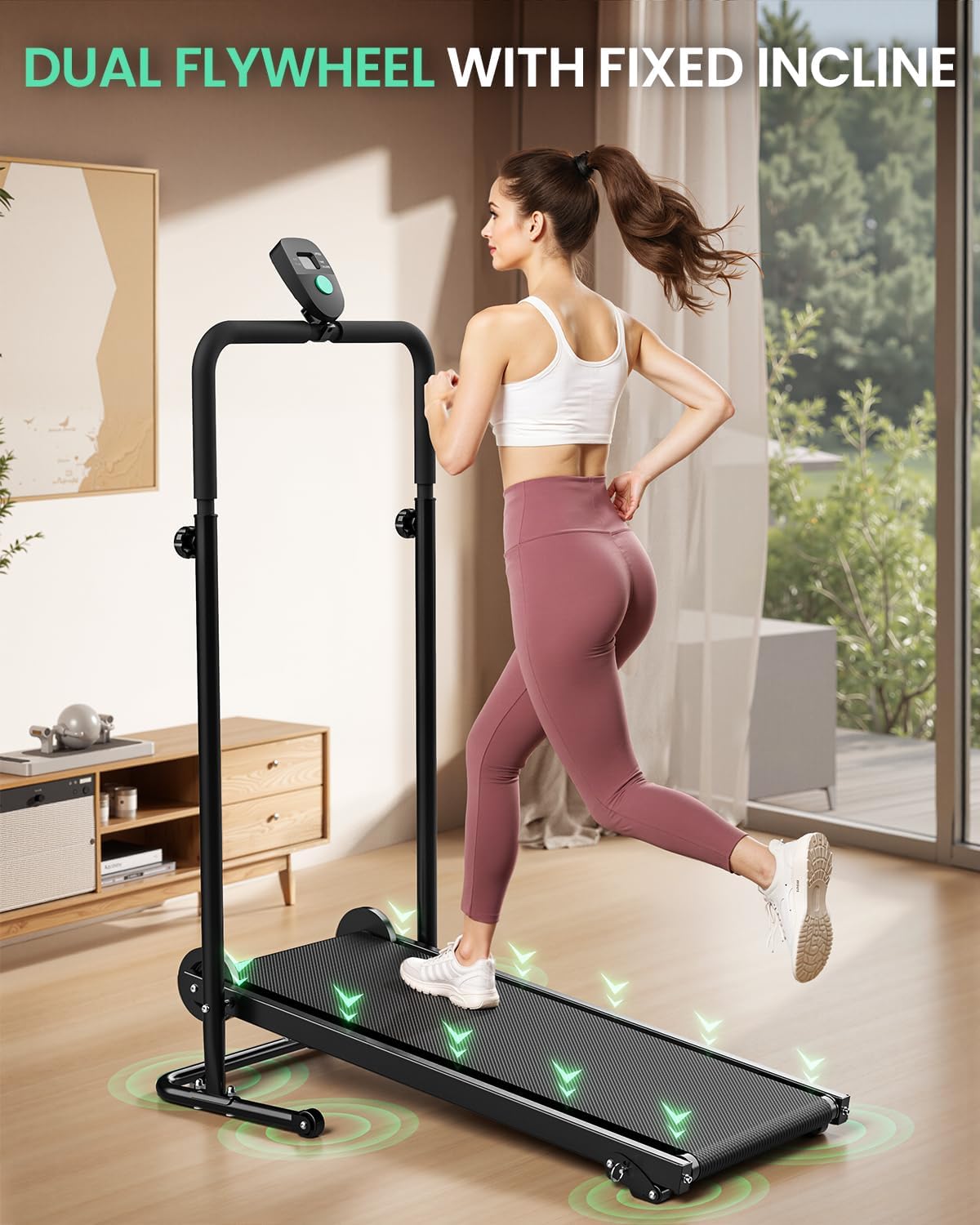Non-Electric Treadmill with Dual Flywheel & Fixed Incline - FUNRAY Motorless Treadmill LCD Monitor, Non-Slip Belt, Compact Foldable Design for Small Home/Gym Use, Soft Foam Grips for Walking/Jogging - Image 3