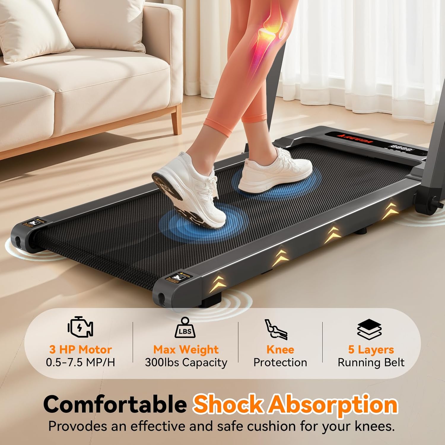 FYC Portable Electric Treadmill for Home - Folding Compact Running Machine, 2.5HP Foldable Walking Pad, 300lbs Capacity, 15" Wide Running Belt, Remote Control, LED Display for Home/Office (Black) - Image 3