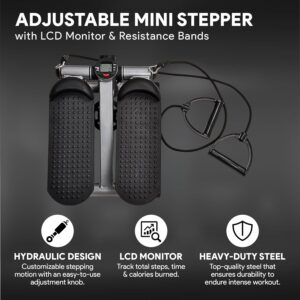 BalanceFrom Mini Stepper Exercise Machine, 300 Pound Weight Capacity – Compact Home Gym Equipment with Resistance Bands, LCD Monitor, Adjustable Height, and Non-Slip Footplates