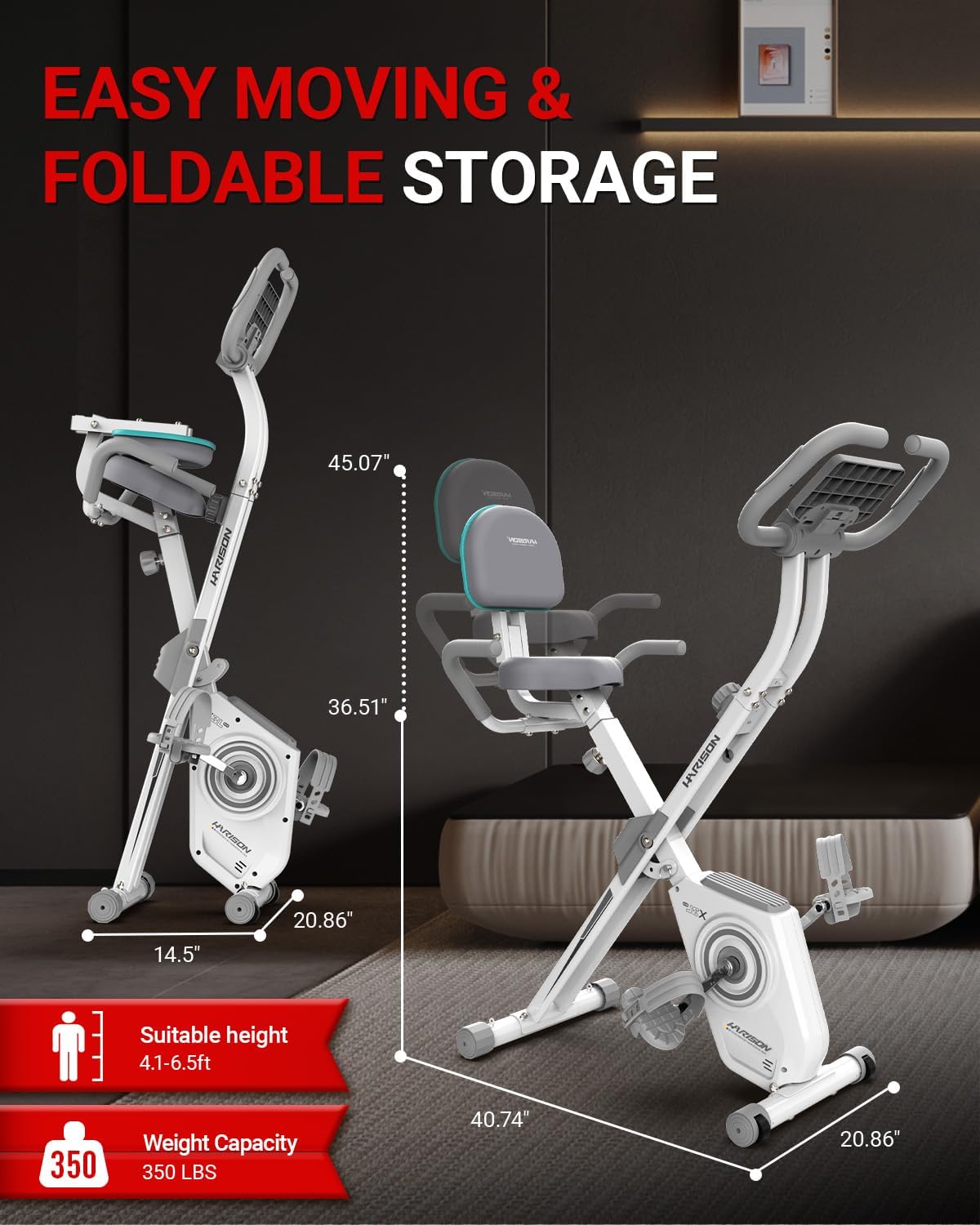 HARISON Folding Exercise Bike 350 LBS Capacity, 5 in 1 Bluetooth Stationary Bikes for Home with 16-Level Resistance and Arm Resistance Bands, Magnetic X-Bike with LCD Monitor & Back Support - Image 6
