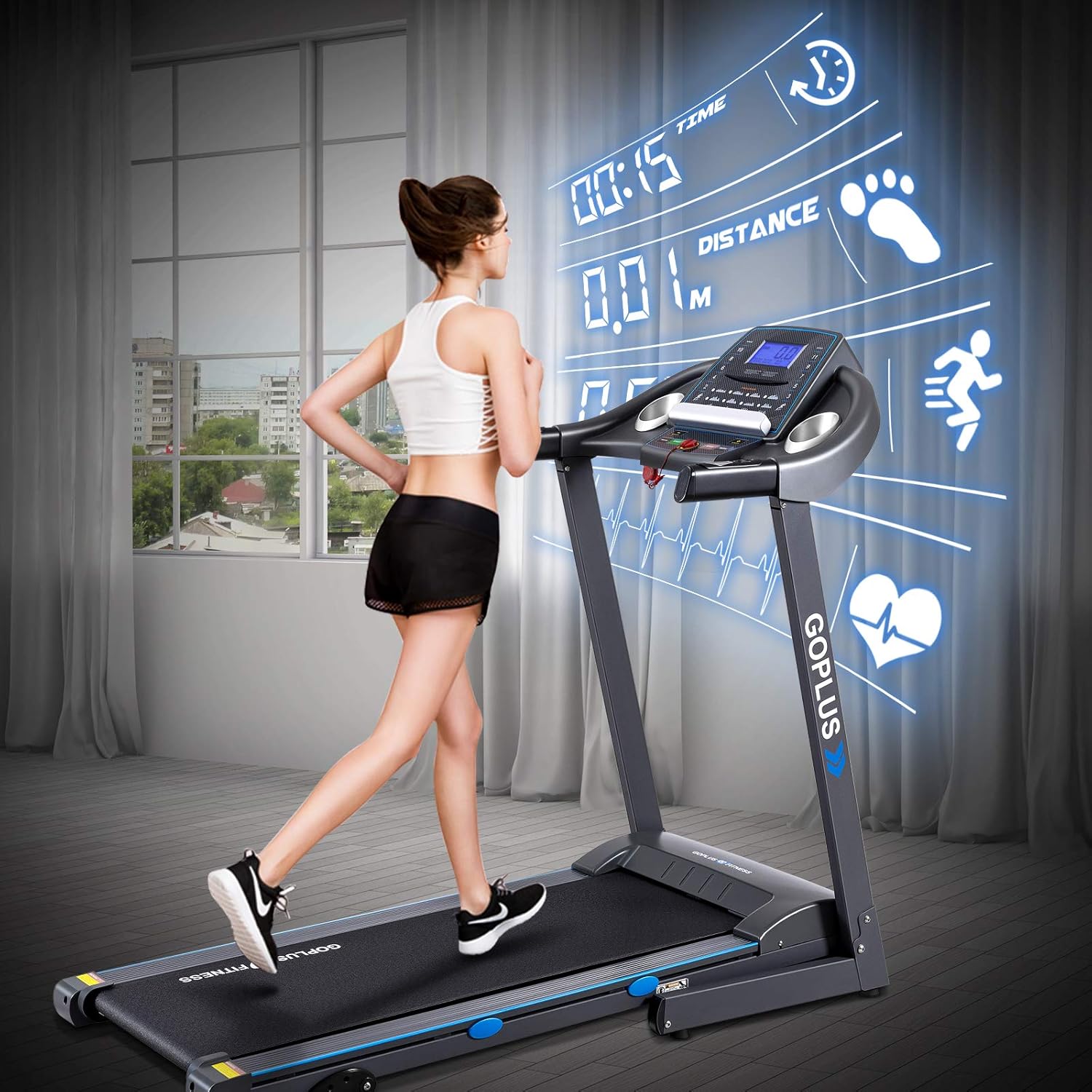 Goplus 2.25HP Folding Treadmill with Incline, Electric Treadmill, Walking Running Jogging Fitness Machine with Blue Backlit LCD Display for Home & Gym Cardio Fitness - Image 2