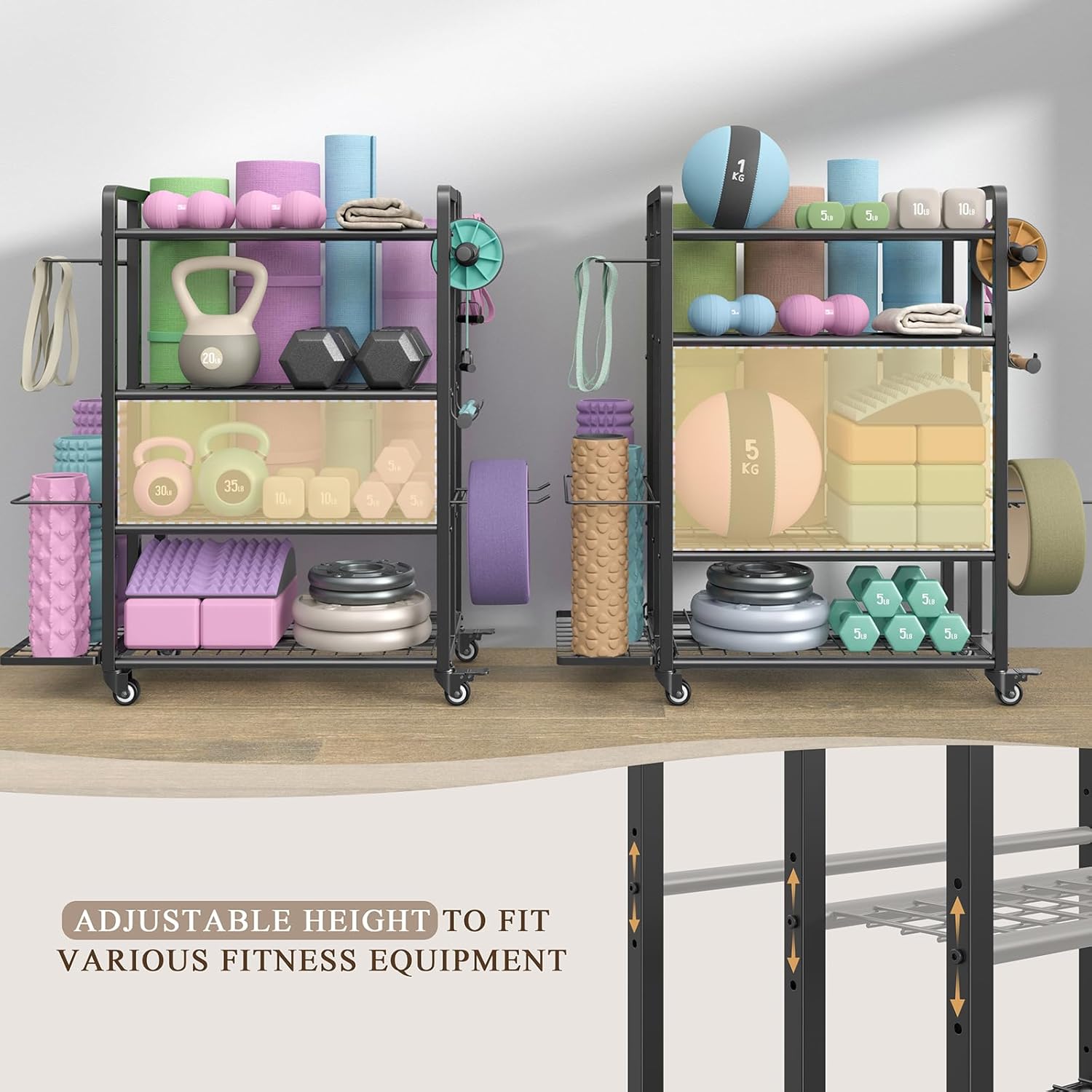 4-Tier Dumbbell Rack Stand Only, Adjustable Weight Rack for Dumbbells Kettlebells Yoga Mat, Home Gym Storage Rack with Wheels and Hooks, Powder Coated Finish - Image 3