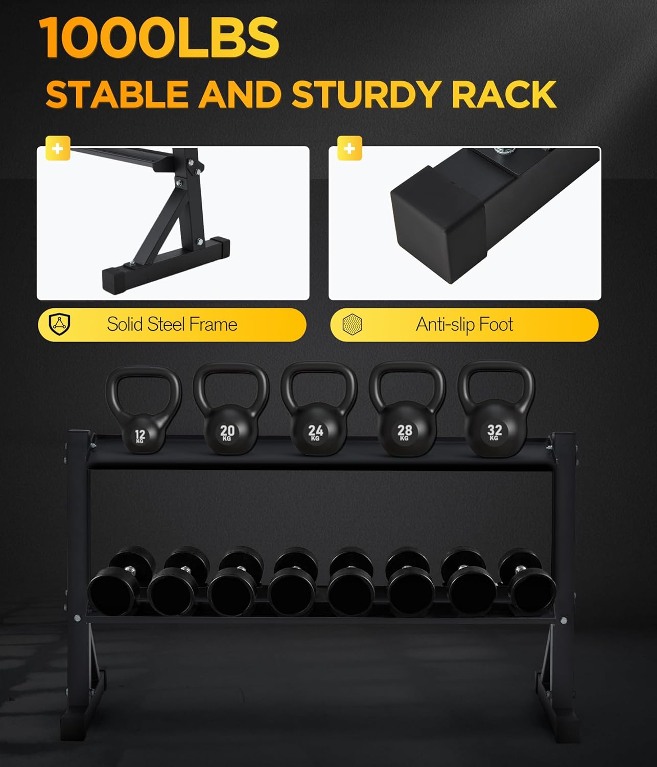 2-Tier 48" Dumbbell and Kettlebell Rack for Home Gym, 1000LBS Weights Storage for Free Weights, Dumbbells, Kettlebells and Medicine Ball - Image 2