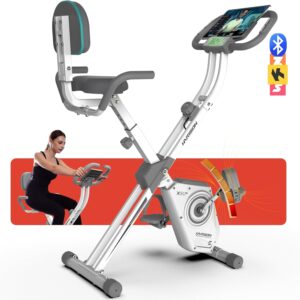HARISON Folding Exercise Bike 350 LBS Capacity, 5 in 1 Bluetooth Stationary Bikes for Home with 16-Level Resistance and Arm Resistance Bands, Magnetic X-Bike with LCD Monitor & Back Support