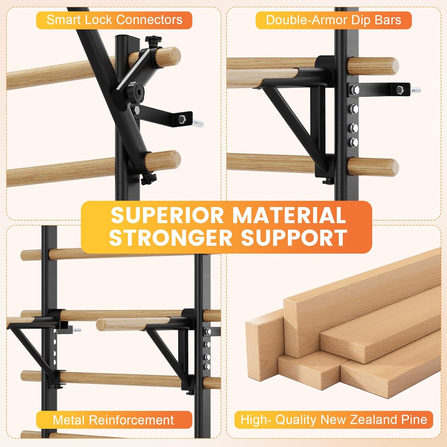 Swedish Ladder Wall Gym, Stall Bar Home Gym with Adjustable Pull-Up Bar, Dip Bar Attachments & 2pcs Resistance Band, 9 Strategic Rods for for Home, School, Hysical Therapy and Gymnastics - Image 3