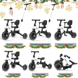 XJD Toddler Bike, 6 in 1 Folding Toddler Tricycle for 1-4 Year Old with Parental Control Handle, Balance Bike with Removable Pedal, Backrest, Adjustable Seat, First Christmas Birthday Gifts (White)