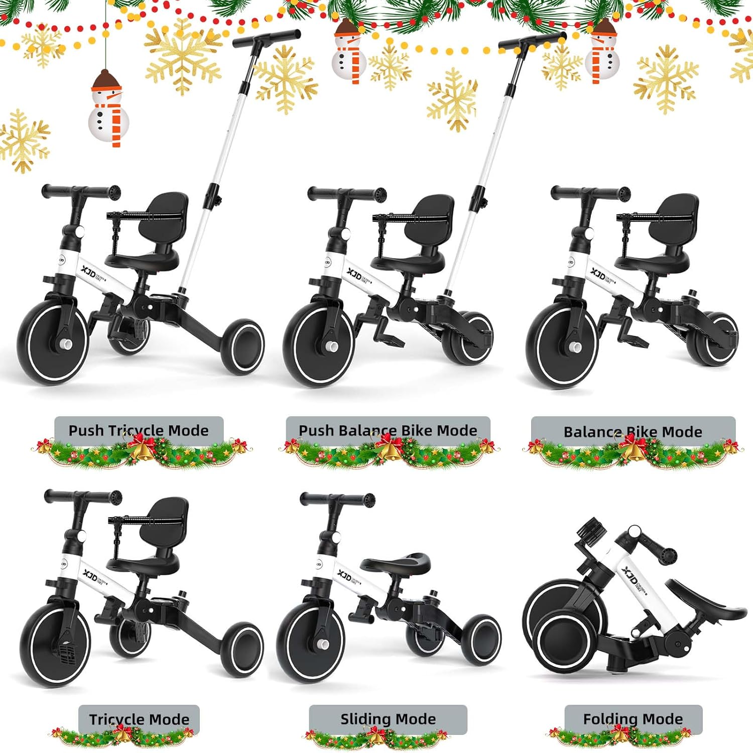 XJD Toddler Bike, 6 in 1 Folding Toddler Tricycle for 1-4 Year Old with Parental Control Handle, Balance Bike with Removable Pedal, Backrest, Adjustable Seat, First Christmas Birthday Gifts (White) - Image 2
