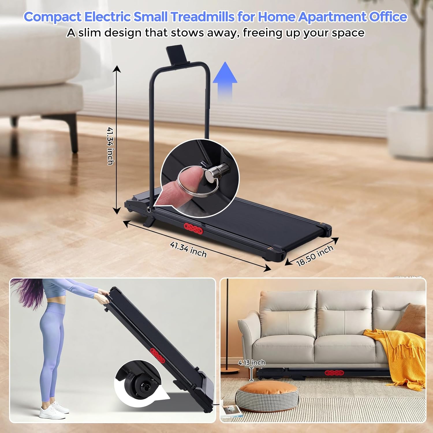 Electric Walking Pad Treadmill with Adjustable Incline and Handle Bar, 3.5HP Small PortableTreadmills for Home Office Small, 4 in 1 Folding Foldable Treadmill with Handles, 0.6-7.6MPH, 350LBS - Image 9
