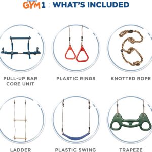 Gym1 6-Piece Doorway Gym Indoor Playground – 6-Piece, Blue – Indoor Playset with Sensory Swing, Pull-Up Bar & Rings, Trapeze, Ladder & Knotted Rope