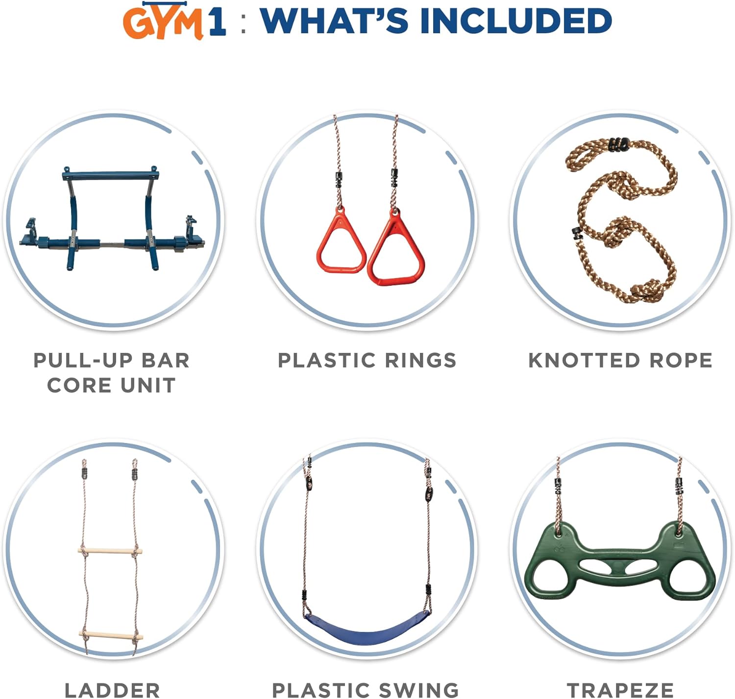 Gym1 6-Piece Doorway Gym Indoor Playground - 6-Piece, Blue - Indoor Playset with Sensory Swing, Pull-Up Bar & Rings, Trapeze, Ladder & Knotted Rope - Image 2