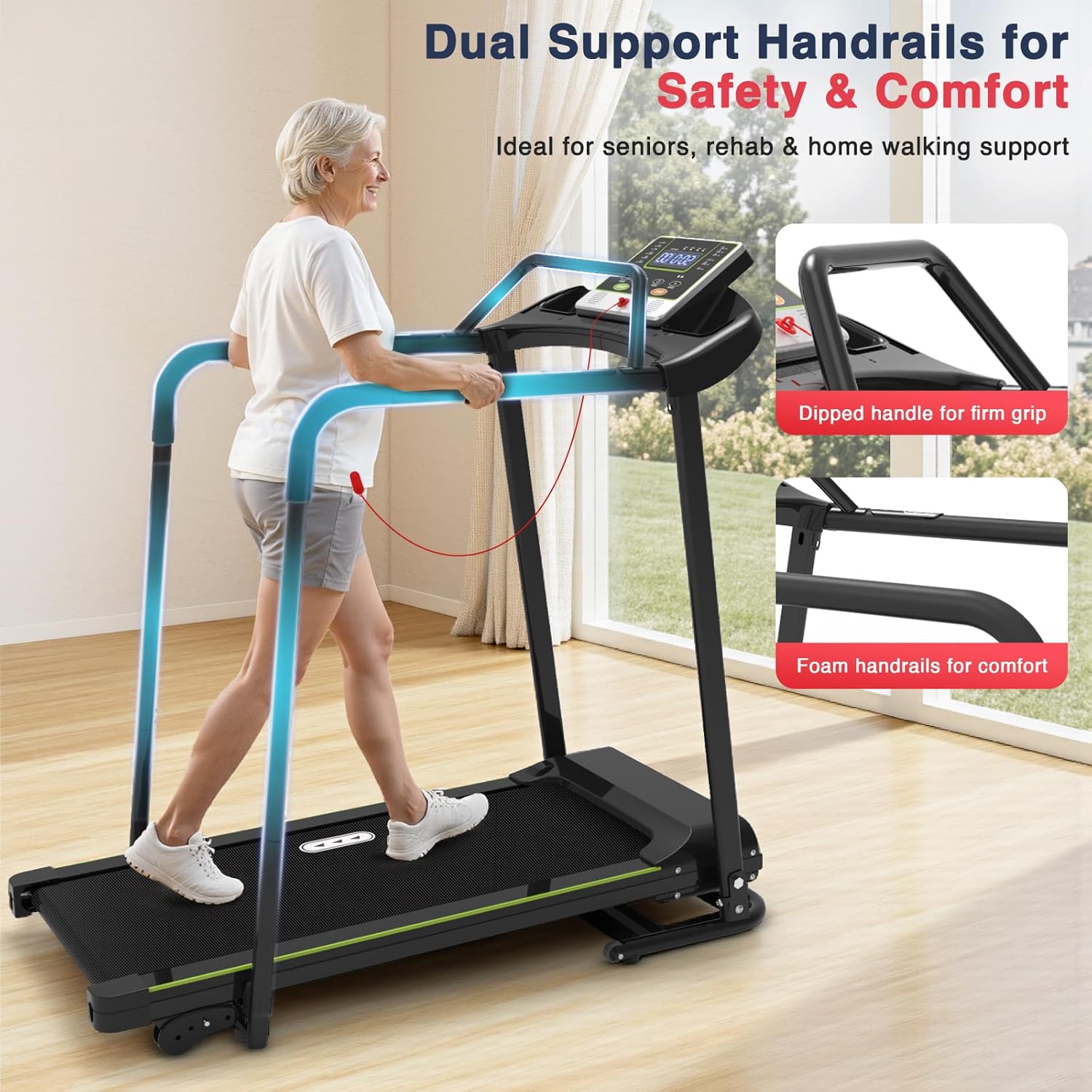 Redliro Walking Treadmill with Long Handrail for Balance, Recovery Fitness Exercise Machine Foldable for Home use with Holder for Phone & Cup,LCD Display, 300 lbs Capacity - Image 2