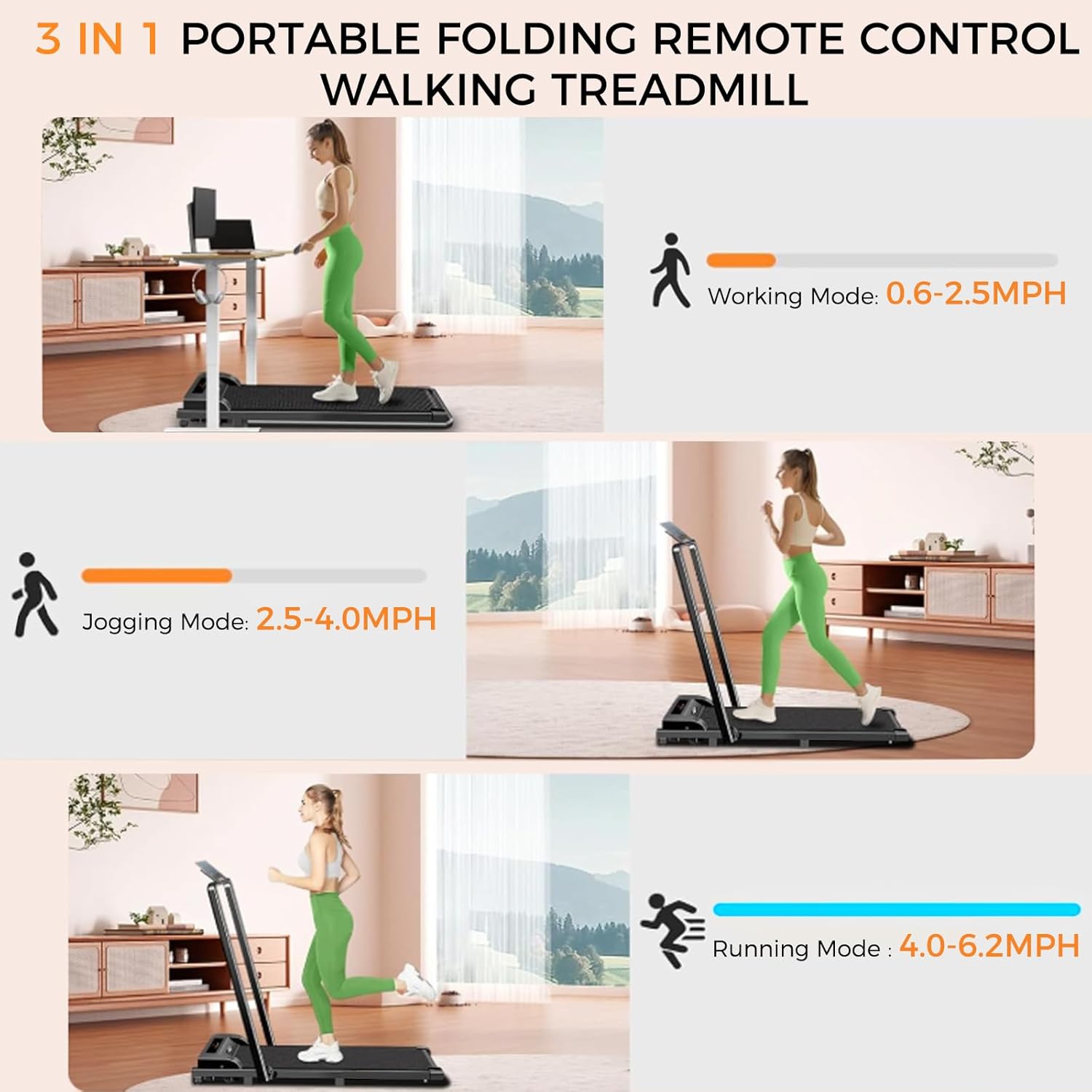 Walking Pad with Handle Bar 3 in 1 Portable Treadmills for Home Small Spaces, Foldable Under Desk Treadmills Mini Walking Pad Running Machine with Remote Control 300lbs Capacity - Image 4