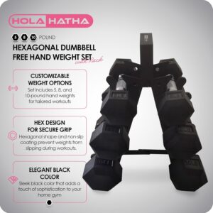 HolaHatha Hexagonal Non Slip Free Hand Dumbbell Weight Training Exercise Set w/ Textured Grips & Folding Storage Rack, 5, 8, & 10 Pound Pairs, Black