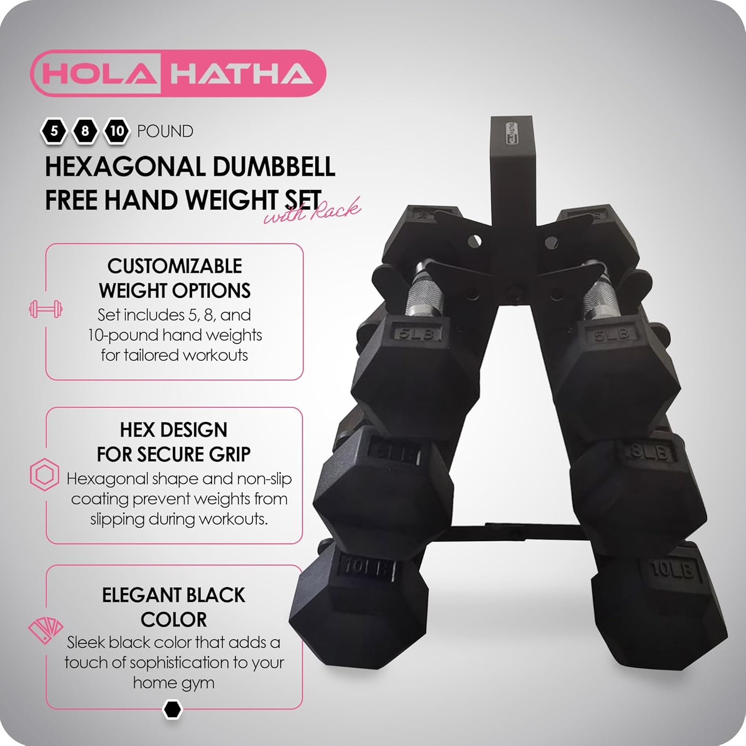 HolaHatha Hexagonal Non Slip Free Hand Dumbbell Weight Training Exercise Set w/ Textured Grips & Folding Storage Rack, 5, 8, & 10 Pound Pairs, Black - Image 2